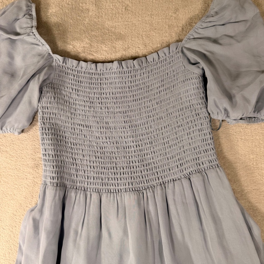Reformation Light Blue Smocked Puff Sleeve Midi Dress Ruffle Hem Slit‎ Small - Picture 6 of 8
